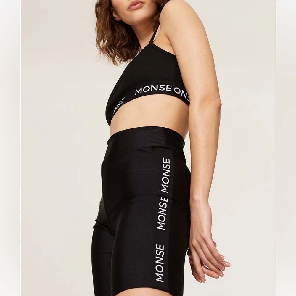 MONSE Stretchy Biker Shorts Black & White Logo Side Stripes Athleisure Scuba szL